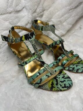 Coach Green and Black Snake-Print T-Strap Heels